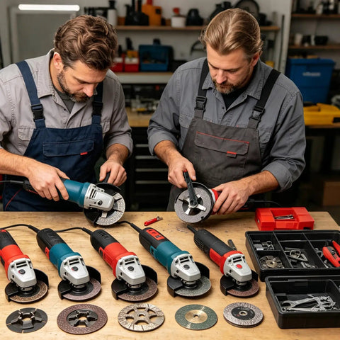 Two workers using Heavy Duty Multi Function Angle Grinder Wrench And Flange Nut Adjuster For Quick Disc Swaps on angle grinders.