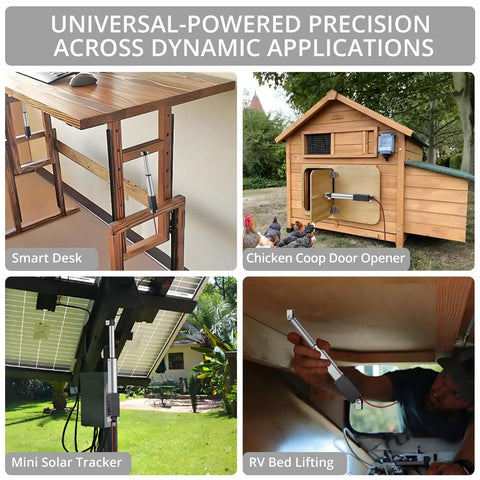 Various applications of 12V Mini Linear Actuator Featuring A 2 Inch Stroke And 64 Newton Thrust in smart desk, coop door, solar tracker, RV.