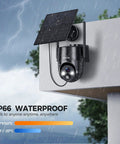 Solar Powered Outdoor Security Camera With 2K 360 Degree View Wireless WiFi Color Night Vision PIR Detection Two Way Audio Motion Alerts Easy Setup No Wires No Fuss mounted on wall, showing waterproof design in rain.