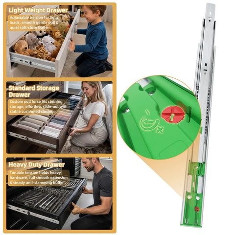 Bulletproof Heavy Duty Ball Bearing Drawer Slides Five Pair 22 Inch Full extension track with green adjustment details.