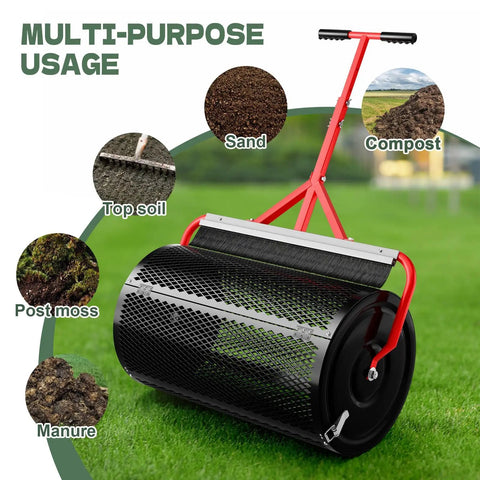 Compost Spreader For Peat Moss With Brush Mesh Cleaner, 24 Inch Lawn Roller showing multi-purpose use on lawn