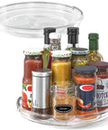 Clear Two Pack Rotating Lazy Susan Turntable For Kitchen Cabinets And Fridge Shelves, 10.6 inch, organizing jars and sauces.
