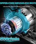 Badass 5 Inch Brushless Cordless Circular Saw Snap Mount Design Heavy Duty Pure Copper Motor with cooling system details.