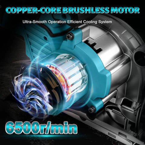 Badass 5 Inch Brushless Cordless Circular Saw Snap Mount Design Heavy Duty Pure Copper Motor with cooling system details.