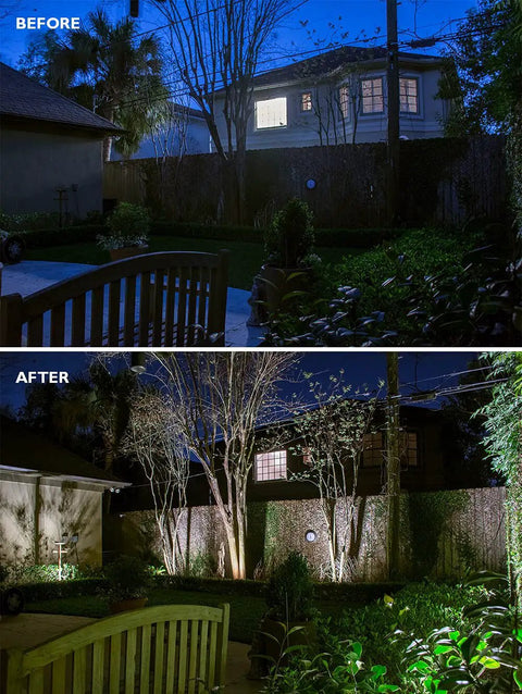 Top Shelf 15W Led Flood Lights For Yard And Landscaping brighten up outdoor area with warm white glow in before and after comparison.