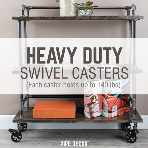 Zero Hassle Screws On Swivel Caster Wheels For Half Inch Pipe With Grippy Lock Brake and Rugged Build To Get Your Diy Bar Cart Or Workbench Rolling Smooth And Looking Fresh on a shelf with decorative items.