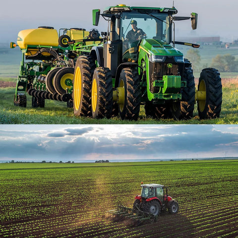 Two tractors in a field with planting gear; green John Deere with yellow wheels up front, red tractor in the background.