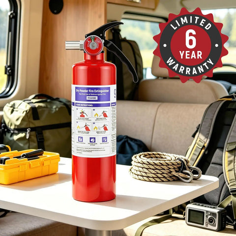 Two Pack Of 2.5 Pound ABC Fire Extinguishers UL ANSI 299 Certified Portable dry chemical in a vehicle interior.