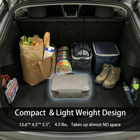 Sick Level One Portable Charger For Tesla Models, 120V 15A EVSE with various items in trunk, showing compact design and storage.