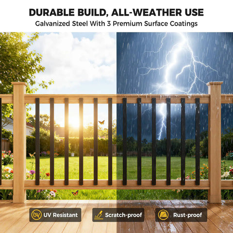 Hella Sturdy 110 Pcs 32 Inch Rectangular Iron Deck Balusters Straight Railing Spindle Kit with galvanized steel in all-weather conditions.