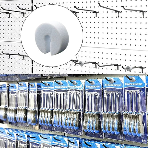 100 Pack Peg Hook Stoppers For Pegboard Slatwall And Gridwall Displays White Foam Peg Locks on hook with retail items