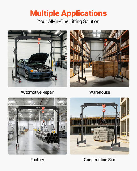 Height Adjustable Gantry Crane 5000 Lbs Capacity in automotive repair, warehouse, factory, and construction site settings.