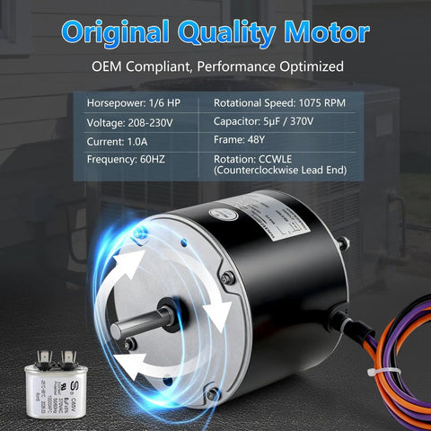Solid Condenser Fan Motor 1/6 Horsepower 208 To 230 Volt 1075 Rpm 5μF Capacitor for AC units with counterclockwise rotation.