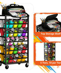 Heavy Duty Rolling Cart Holds A Solid Fifty Spray Paint Cans Built Tough For Double Sided Storage Plus Top Tool Tray, black with colorful spray cans.