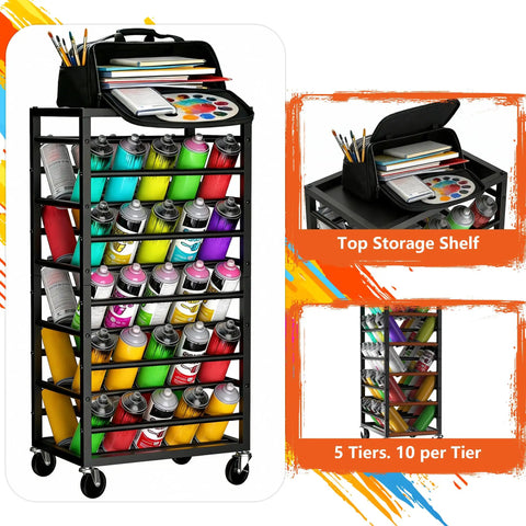 Heavy Duty Rolling Cart Holds A Solid Fifty Spray Paint Cans Built Tough For Double Sided Storage Plus Top Tool Tray, black with colorful spray cans.