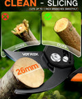 Close-up of Eight Point Five Inch Stepless Handle Pruning Shears Bypass Garden Clipper cutting a 26mm branch smoothly.