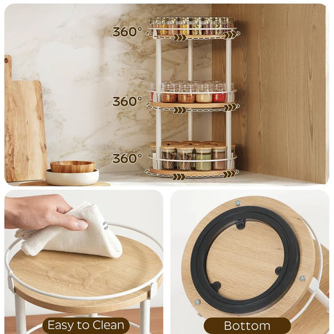 Three Tier Lazy Susan Rotating Spice Rack Featuring Smooth Ball Bearing Turntable System For Hassle Free Pantry Access White Natural Wood Countertop Organizer with jars.