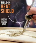 Close-up of All-In-One Wood Burning Kit For Beginners And DIY Enthusiasts With Adjustable Temperature being used on wood.
