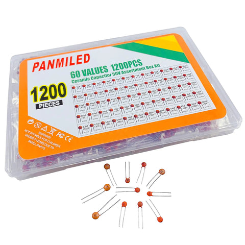 High Quality 1200 Piece Ceramic Capacitor Assortment Kit Featuring 60 Unique Values Spanning 1PF Up To 100NF Rated At 50V, in a clear storage box.