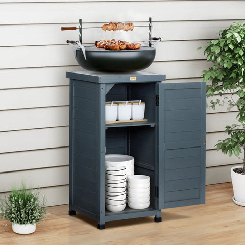Must Have Outdoor Storage Cabinet And Potting Bench With Metal Top Shelves For Patio Garden, anthracite grey cabinet with open door showing shelves, BBQ grill on top.