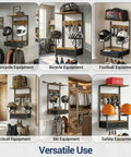 Heavy Duty Motorcycle Helmet Wall Mount With Dang Tough Waterproof Steel Construction And Roomy Fabric Drawer For Storing Jackets Boots Helmets And Ride Essentials To Keep Garage Clean, featuring multiple sports gear.