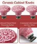 Vintage Rose Red Ceramic Kitchen Cabinet Knobs 16 Piece Set With Solid Zinc Alloy Base showcasing embossed design and glaze.