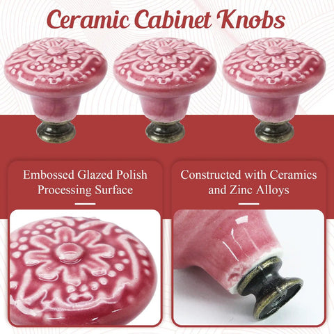 Vintage Rose Red Ceramic Kitchen Cabinet Knobs 16 Piece Set With Solid Zinc Alloy Base showcasing embossed design and glaze.