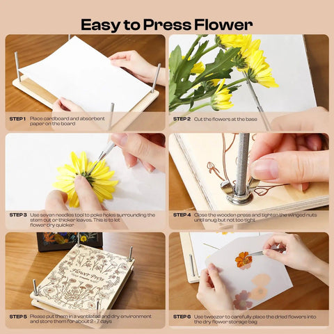 Six-step guide using Large 11.8x8.3 Inch Flower Press Kit With 10 Layers For DIY Pressed Flowers Bookmarks And Frames, Wooden Plant Press For Adults, Dope Gift For Craft Lovers And Botany Fans