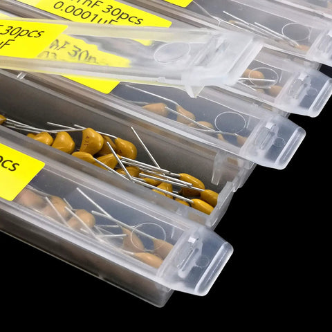 Top Shelf 900 Piece Multilayer Ceramic Capacitor Workhorse Assortment Kit showing organized capacitors in clear snap lid drawers.