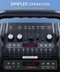 Totally Party-Ready Portable Bluetooth Karaoke System control panel with labeled buttons and ports for easy operation.