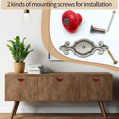 Dope Red Ceramic Cabinet Knobs For Dressers And Kitchen Drawers Solid Zinc Alloy Body Include Tight Screw Set Quick Room Refresh Upgrade For Any Awesome Furniture Restoration Project with two types of mounting screws and a decorative plate.