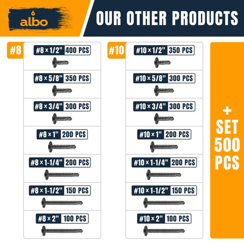 Hella Durable Beefy Four Hundred Piece Pack Eight By One Half Inch Self Tapping Truss Head Stainless Screws Built Solid For No Fuss Install On Thin Sheet Metal And Wood Jobs product listings table with screw sizes.