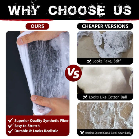 Comparison of 1000 Square Feet Spider Web Halloween Decor with 30 Fake Spiders White Cobweb Mesh against cheaper versions.