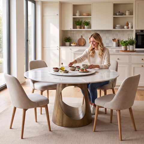 Built Tough 47 Inch Round Dining Table With White Sintered Stone Top And Legit Smooth Rotating Lazy Susan For Chowing Down With Two To Six Guests Hangout Style, with a woman serving food.