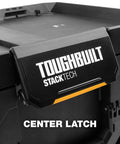 StackTech XL Tool Box Organizer With Locking System And Removable Tray, showing center latch detail and tough black finish