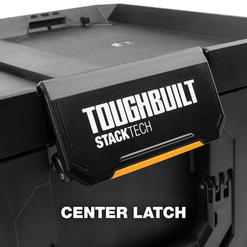 StackTech XL Tool Box Organizer With Locking System And Removable Tray, showing center latch detail and tough black finish