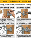 Installation guide for Heavy Duty Wall Mount Gate Hinges For 1 3 8 Inch Pipe Frames showcasing marking, securing, and tightening steps.