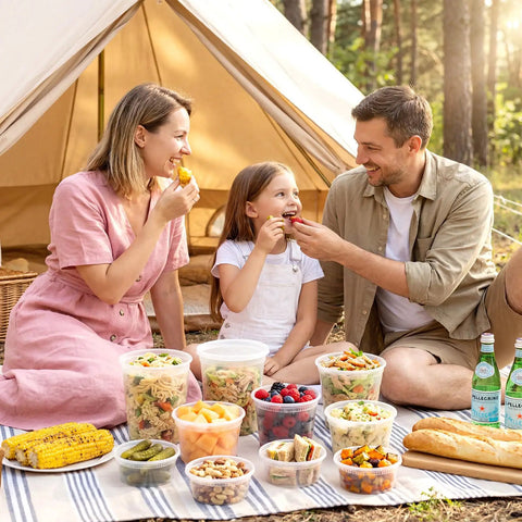 Family enjoying food stored in Hella Durable Leakproof Deli Containers With Secure Lids 48 Sets For Takeout Meal Prep And Leftovers Storage Bpa Free Plastic Soup Bowls Microwave Dishwasher Freezer Safe.