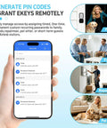 Smart Key Lock Box With Removable Shackle And Bluetooth Pin Access Features App Managed Guest Logins displayed on a phone.