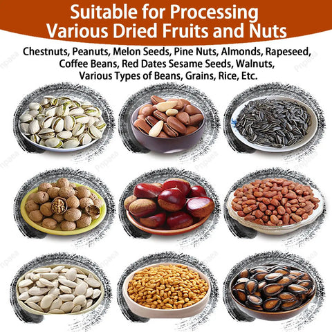 No Fuss Top Shelf Electric Coffee Bean Roaster Machine Featuring Hella Smooth Drum Rotating Action For Nuts And Beans Even Heat Distribution, various nuts and beans in bowls.