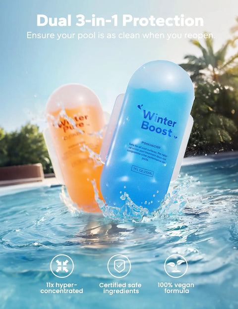 3 In 1 Pool Winter Closing Kit For Above Ground And Inground Pools Up To 30000 Gallons with two floating units in pool water.