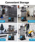 Rock Solid Freestanding Ski Storage Rack For Garage Designed With Zero Hassle To Store Your Snowboards And Boots While Granting Lightning Fast Access For Gnarly Winter Runs in garage and basement settings.