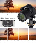 D30 Panoramic Ball Head with removable handle, mounted on camera, showcasing 360° rotation feature with sunrise landscape