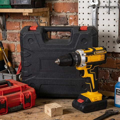 Badass 21V Cordless Drill And Rechargeable Electric Screwdriver Set For Home Workshop Projects, yellow and black tool beside a tool case.