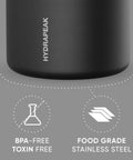 Slick Rugged Badass 25 Oz Double Wall Vacuum Insulated Food Storage Jar With Wide Mouth Leak Proof Lid Keeps Your Grub Scalding Hot Ten Hours Or Ice Cold Sixteen Hours Matte Black showing BPA-free and food-grade stainless steel features.