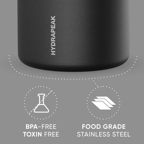 Slick Rugged Badass 25 Oz Double Wall Vacuum Insulated Food Storage Jar With Wide Mouth Leak Proof Lid Keeps Your Grub Scalding Hot Ten Hours Or Ice Cold Sixteen Hours Matte Black showing BPA-free and food-grade stainless steel features.