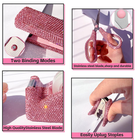 Sparkle Pink 4Pc Stapler And Tape Dispenser Set With Rhinestones Includes Pink Scissors And Staple Remover With 1000 Staples