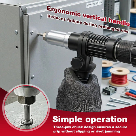 Beefy Cordless Drill Rivet Attachment Kit in use on metal surface, featuring ergonomic handle and three-jaw chuck.