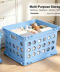 Top Rated Hassle Free Breezy Blue Stackable Plastic Storage Bin With Full Grip Handles For Quick Closet Pantry Garage Laundry Room Organization And Easy Everyday Hauling with towels and toys.