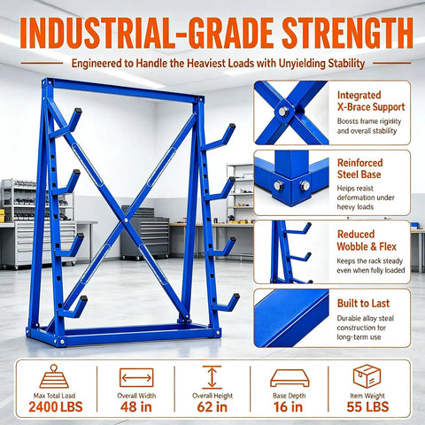 Workhorse Heavy Duty Lumber Storage Rack With Adjustable Arms And Beefy Alloy Steel Build For Stashing Pipes And Rebar Up To 2400 Pounds Without Breaking A Sweat in blue, with adjustable arms.